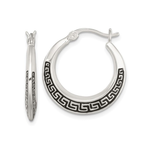 GEM AND HARMONY  Sterling Greek Key Hoop Earrings In Silver