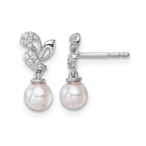14K White Gold Freshwater Cultured Pearl 5-6mm Dangle Earrings with Diamonds