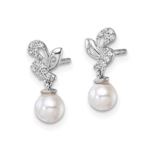 14K White Gold Freshwater Cultured Pearl 5-6mm Dangle Earrings with Diamonds