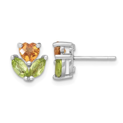 GEM AND HARMONY  1.64 Carat (Ctw) Citrine And Peridot Flower Post Earrings In Sterling In Silver