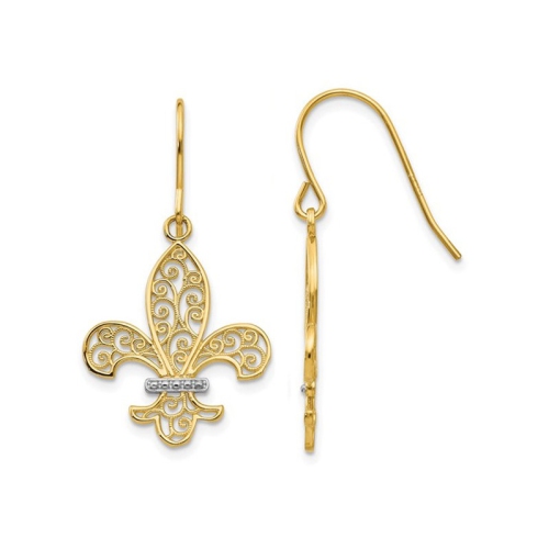 GEM AND HARMONY  14K Gold Fleur De Lis Dangle Charm Earrings In Yellow