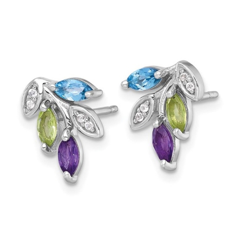 7/8 Carat Blue Topaz, Amethyst and Peridot Leaf Earrings in Sterling Silver