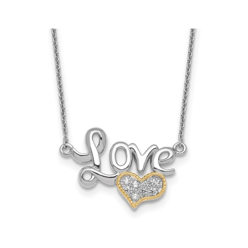 Sterling Silver LOVE heart Pendant Necklace with Chain and Cubic Zirconias (16 inches)
