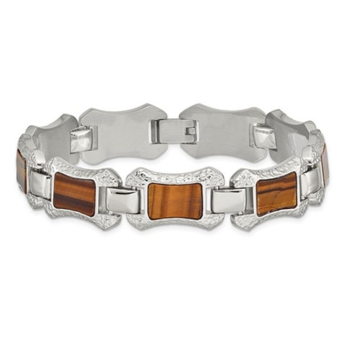 Mens Stainless Steel Tigers Eye Dog Tag Pendant and Bracelet Set