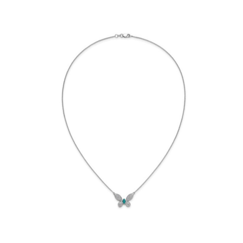 14K White Gold Turquoise and Diamond Butterfly Pendant Necklace with Chain