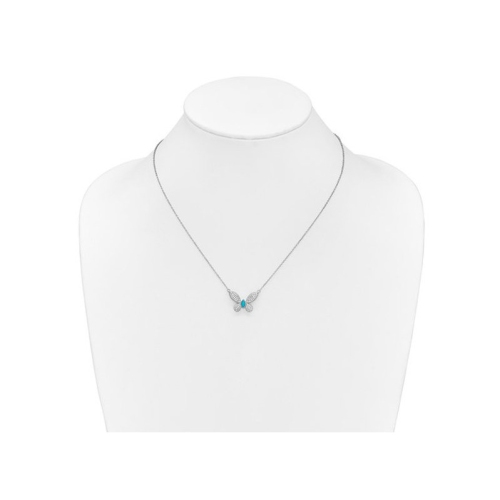 14K White Gold Turquoise and Diamond Butterfly Pendant Necklace with Chain