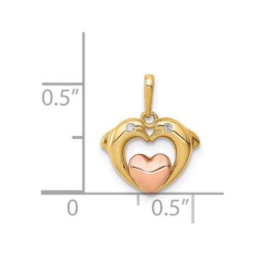 14K Yellow Gold Double Dolphin Heart Charm Pendant