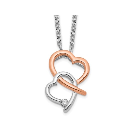 GEM AND HARMONY  Rose Plated Sterling Heart Pendant Necklace With Chain And Accent Diamond In Silver