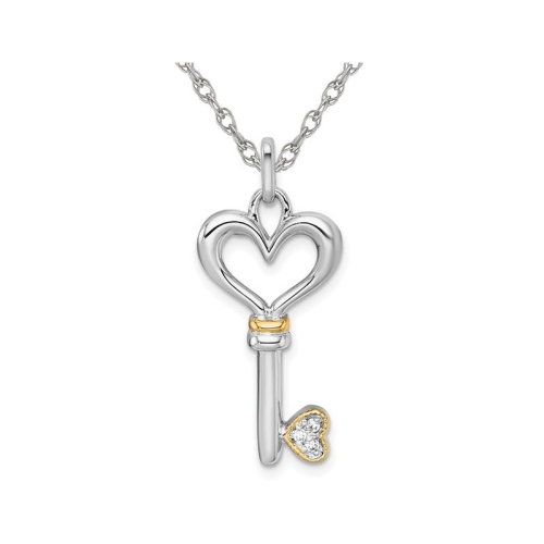 Synthetic Cubic Zirconia Heart and Key Pendant Necklace in Sterling Silver with Chain