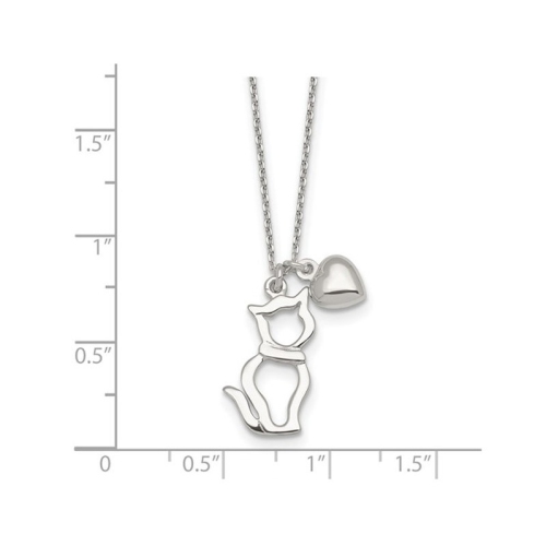 Steling Silver Cat Silhouette and Puffed Heart Pendant Necklace with Chain
