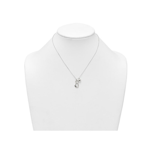 Steling Silver Cat Silhouette and Puffed Heart Pendant Necklace with Chain