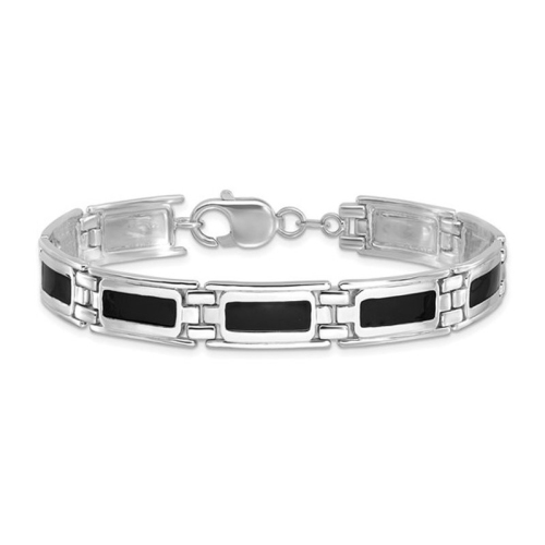 Image 1 of 4.. Mens Sterling Silver Polished Black Enamel Link Bracelet
