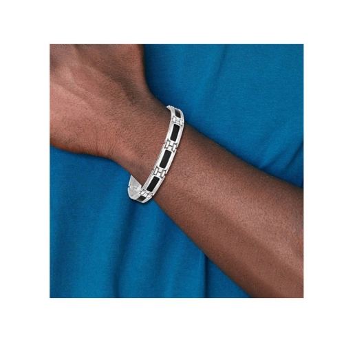 Mens Sterling Silver Polished Black Enamel Link Bracelet