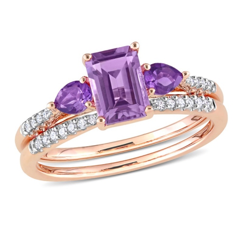 GEM AND HARMONY  1.18 Carat (Ctw) Amethyst And Rose-De-France Engagement Wedding Ring Set 10K Rose In Gold