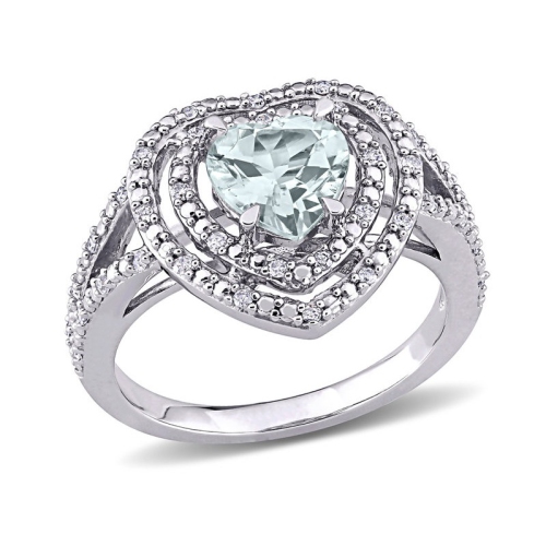 GEM AND HARMONY  1.50 Carat (Ctw) Aquamarine Heart Ring In 10K Gold With Diamonds In White