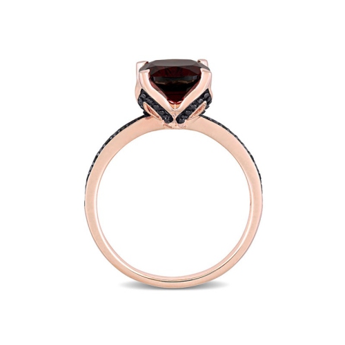 3.08 Carat Cushion-Cut Garnet Ring 10K Rose Gold with Accent Black Diamonds