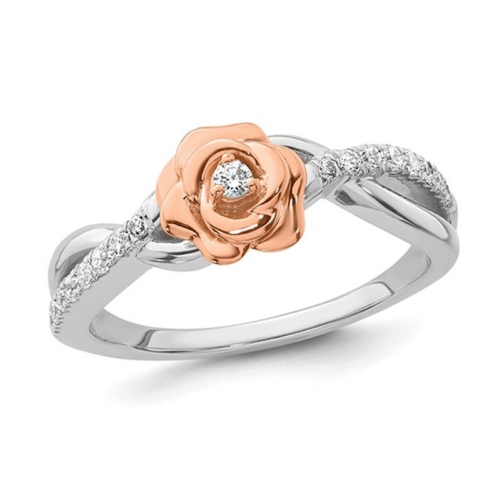 GEM AND HARMONY  1/5 Carat (Ctw) Diamond Rose Flower Ring In 14K And Rose Gold In White