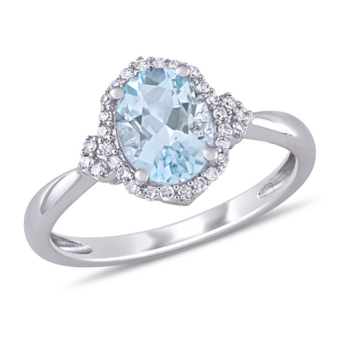 GEM AND HARMONY  1.00 Carat (Ctw) Light Aquamarine Halo Ring With Diamonds In 10K Gold In White