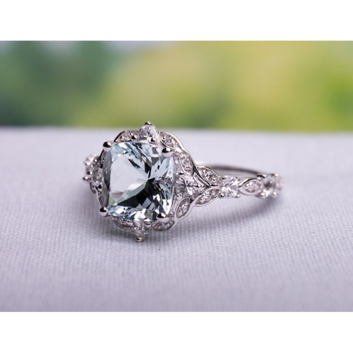 1.75 Carat Light Aquamarine Cushion-Cut Ring in 14K White Gold