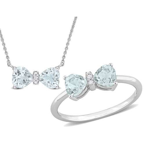 GEM AND HARMONY  1.40 Carat (Ctw) Aquamarine Heart Bow Ring And Pendant Set 10K Gold In White