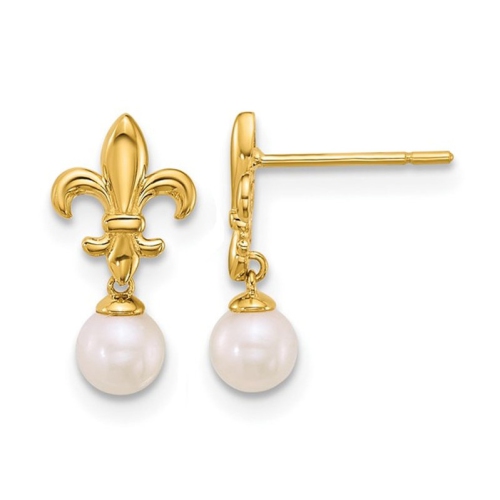 14K Yellow Gold Freshwater Cultured Pearl Fleur De Lis Dangle Earrings