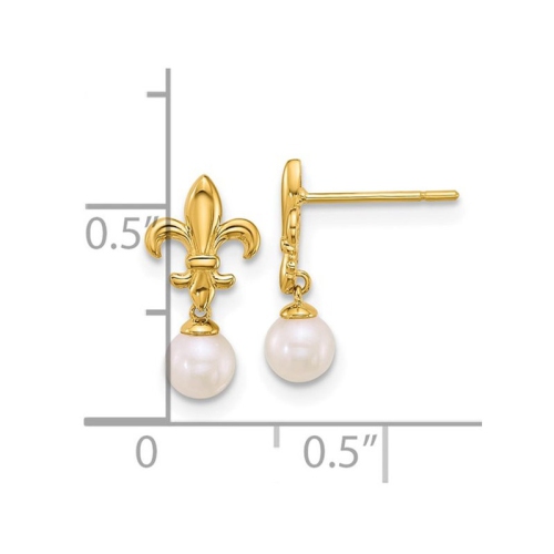 14K Yellow Gold Freshwater Cultured Pearl Fleur De Lis Dangle Earrings