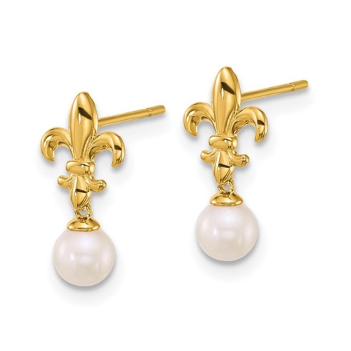 14K Yellow Gold Freshwater Cultured Pearl Fleur De Lis Dangle Earrings