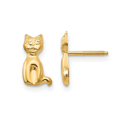 GEM AND HARMONY  Small 14K Gold Cat Charm Post Earrings In Yellow