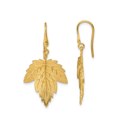 GEM AND HARMONY  14K Gold Textured Maple Leaf Dangle Earrings In Yellow