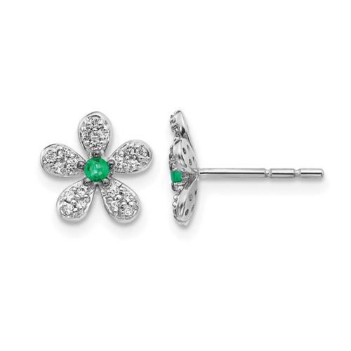 GEM AND HARMONY  14K Gold Flower Emerald And Diamond Stud Post Earrings In White