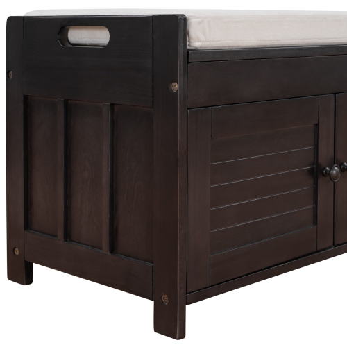 Kepooman Storage Bench with 3 Shutter-shaped Doors, Shoe Bench with Removable Cushion and Hidden Storage Space - Espresso