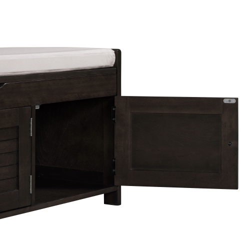 Kepooman Storage Bench with 3 Shutter-shaped Doors, Shoe Bench with Removable Cushion and Hidden Storage Space - Espresso