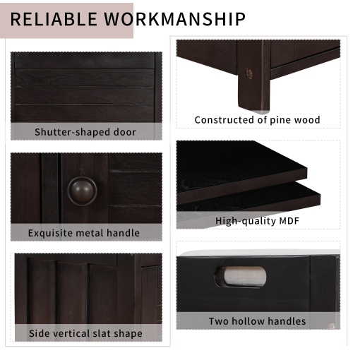 Kepooman Storage Bench with 3 Shutter-shaped Doors, Shoe Bench with Removable Cushion and Hidden Storage Space - Espresso