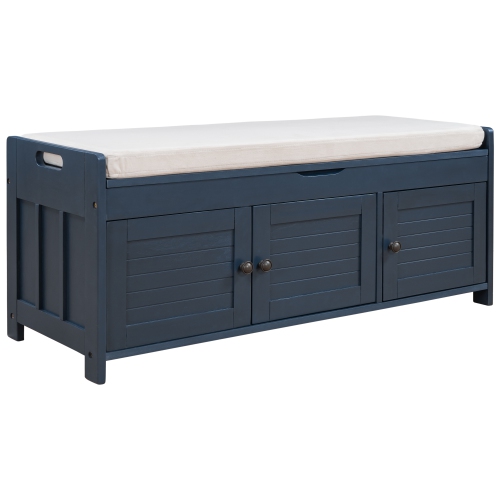 Kepooman Storage Bench with 3 Shutter-shaped Doors, Shoe Bench with Removable Cushion and Hidden Storage Space - Navy