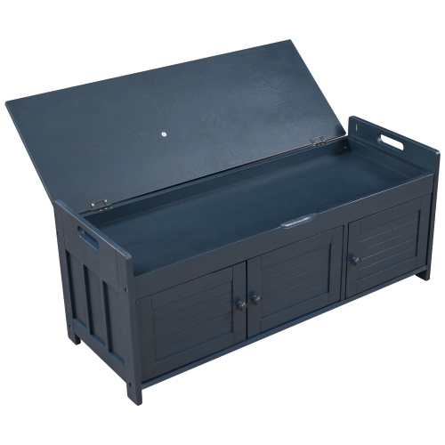 Kepooman Storage Bench with 3 Shutter-shaped Doors, Shoe Bench with Removable Cushion and Hidden Storage Space - Navy