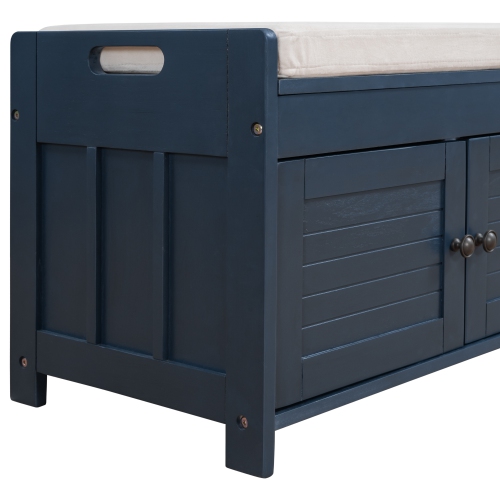 Kepooman Storage Bench with 3 Shutter-shaped Doors, Shoe Bench with Removable Cushion and Hidden Storage Space - Navy