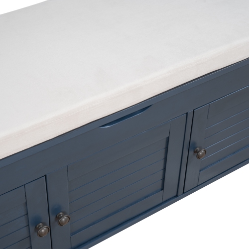 Kepooman Storage Bench with 3 Shutter-shaped Doors, Shoe Bench with Removable Cushion and Hidden Storage Space - Navy