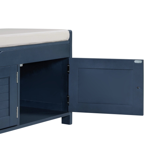 Kepooman Storage Bench with 3 Shutter-shaped Doors, Shoe Bench with Removable Cushion and Hidden Storage Space - Navy