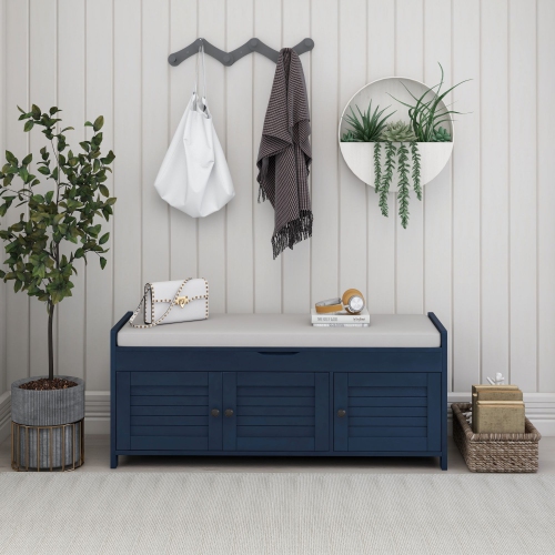 Kepooman Storage Bench with 3 Shutter-shaped Doors, Shoe Bench with Removable Cushion and Hidden Storage Space - Navy