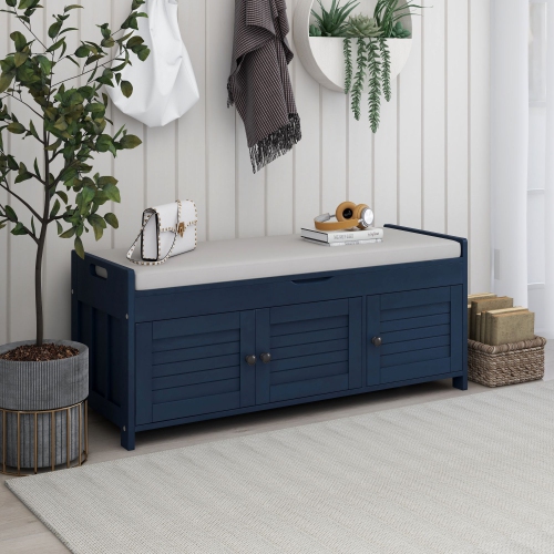 Kepooman Storage Bench with 3 Shutter-shaped Doors, Shoe Bench with Removable Cushion and Hidden Storage Space - Navy