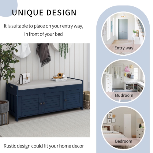 Kepooman Storage Bench with 3 Shutter-shaped Doors, Shoe Bench with Removable Cushion and Hidden Storage Space - Navy