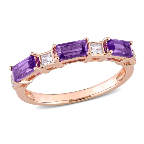 GEM AND HARMONY  4/5 Carat (Ctw) Amethyst Bagette-Cut And Topaz Ring Band In 10K Rose Pink Gold In White