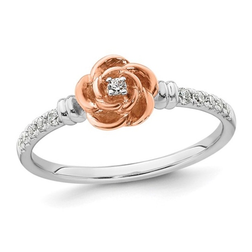 GEM AND HARMONY  1/8 Carat (Ctw) Diamond Rose Flower Ring In 14K And Rose Gold In White
