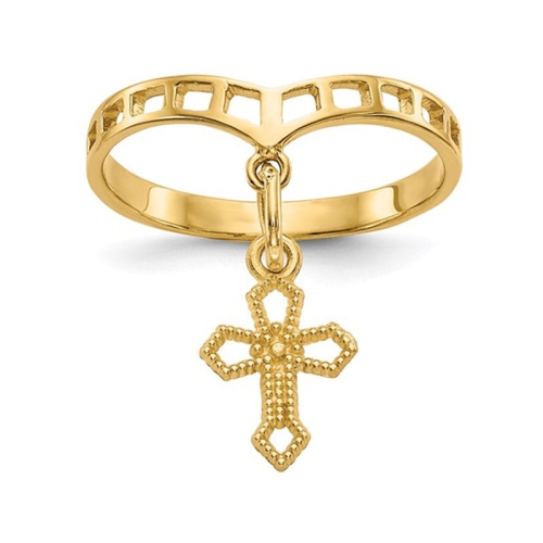 Bague à breloque en croix en or jaune 14 K poli