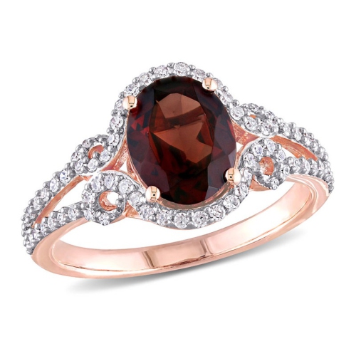 GEM AND HARMONY  2.10 Carat (Ctw) Oval Garnet Ring 10K Rose Gold With Diamonds 1/3 Carat (Ctw) In Pink
