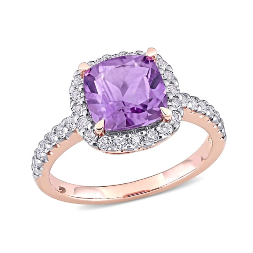 GEM AND HARMONY  2.77 Carat (Ctw) Amethyst Cushion Cut And Topaz Ring In 10K Rose Pink Gold In White