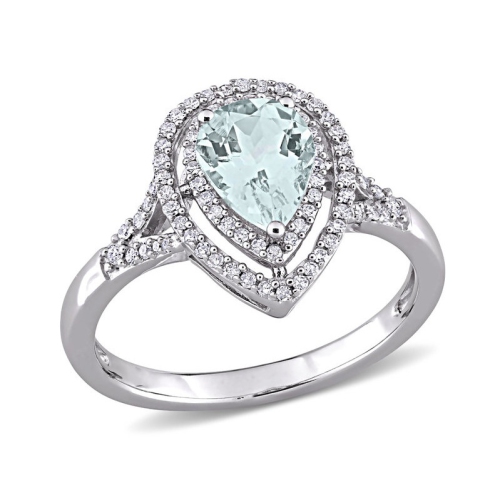 GEM AND HARMONY  1.20 Carat (Ctw) Ultra-Light Aquamarine Drop Ring In 14K Gold With Diamonds In White