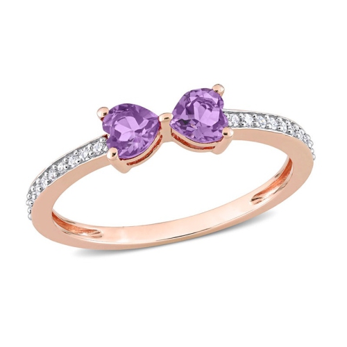 GEM AND HARMONY  2/5 Carat (Ctw) Amethyst Heart Bow Ring In 10K Rose In Gold