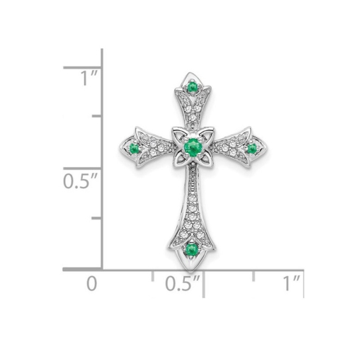 1/12 Carat Emerald Cross Pendant Necklace 10K White Gold with Accent Diamonds and Chain