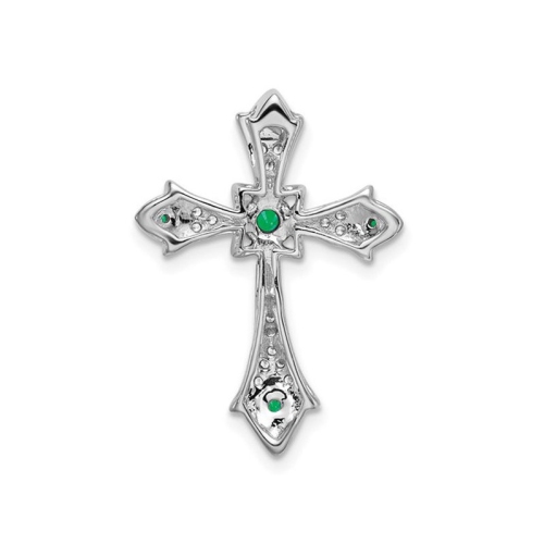 1/12 Carat Emerald Cross Pendant Necklace 10K White Gold with Accent Diamonds and Chain
